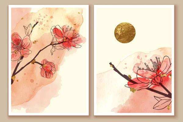 Lavagens cor-de-rosa aquarela, flores sakura desenhadas à mão, flor, ramos. decoração folha dourada, sol. — Vetor de Stock