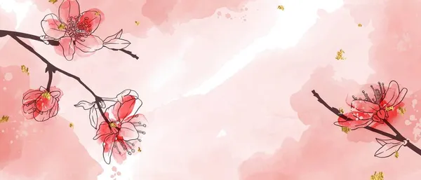 Акварельні рожеві квіти сакури, квіти, гілки. Золота фольга декор . — стоковий вектор