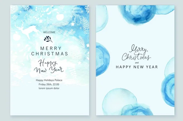Noël, conception de cartes de Nouvel An. Lavage aquarelle bleu, cercles, boules de neige. branches de pin dessinées à la main, feuilles — Image vectorielle