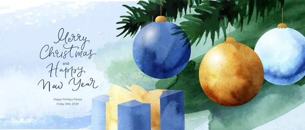 Noël et Nouvel An conception de la carte de vacances. Texture aquarelle peinte à la main, boules colorées avec feuille d'or — Image vectorielle