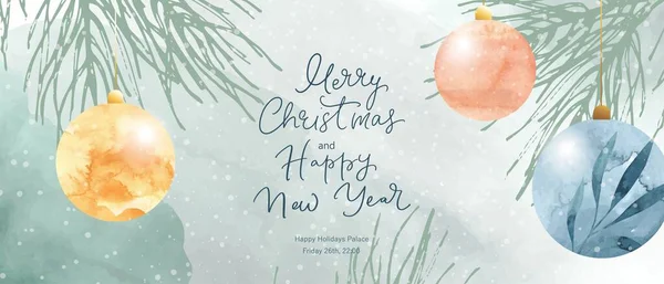 Noël et Nouvel An conception de la carte de vacances. Texture aquarelle peinte à la main, boules colorées avec feuille d'or — Image vectorielle