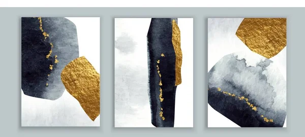 Elegante abstrato aquarela parede arte tríptico. Composição em preto, branco, cinza, ouro. Design moderno para impressão, cartão, — Vetor de Stock