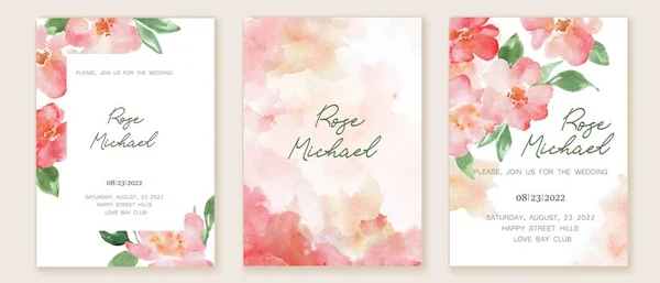 Σύνολο από κομψές, ρομαντικές γαμήλιες κάρτες, εξώφυλλα, προσκλήσεις με ροζ, ρουζ λουλούδια. Άνθη ακουαρέλας, πράσινα φύλλα — Διανυσματικό Αρχείο
