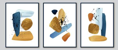Wall art triptych. Set of posters with golden, blue watercolor brush strokes and black splatters. Home decor design. clipart