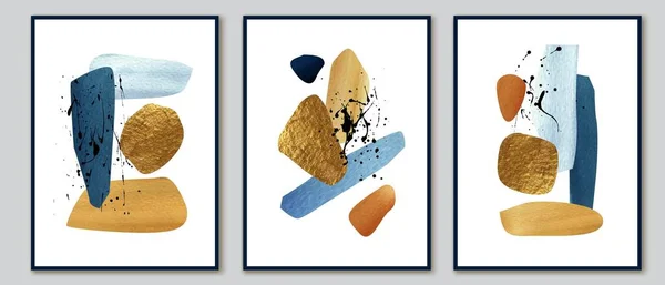 Wall art triptych. Set of posters with golden, blue watercolor brush strokes and black splatters. Home decor design. — Vettoriale Stock