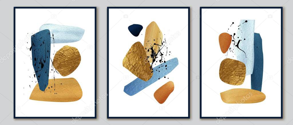 Wall art triptych. Set of posters with golden, blue watercolor brush strokes and black splatters. Home decor design.