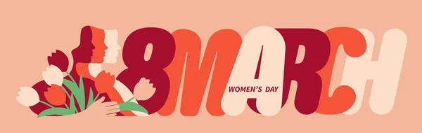 妇女日招贴画设计 3月8日载有3名妇女和郁金香的贺卡 — 图库矢量图片
