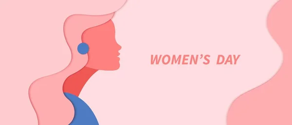 Happy Women Day Card Woman Pink Long Hair Earrings March — Stock Vector