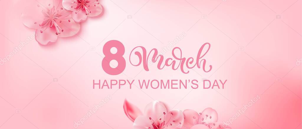 8 march modern background design with flowers. Happy women's day stylish greeting card with cherry blossoms. Pink pastel colors. Hand drawn lettering.