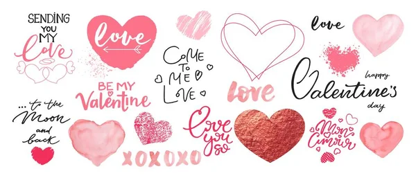 情人节装饰元素 一套心 浪漫的字母 卡片短语 社交媒体 — 图库矢量图片