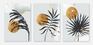 Golden sun and botanical vector set. Wall art composition. Yellow gold circle, hand painted exotic leaves. Minimal abstract boho style. Grey watercolor texture. clipart