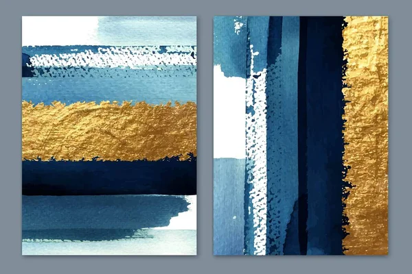 Abstracto díptico de arte de pared de oro. Rayas doradas de tonos brillantes y azules. Pinceladas de acuarela. — Archivo Imágenes Vectoriales