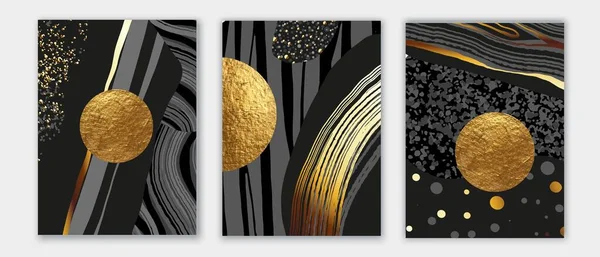 Elegante Tríptico Arte Abstrata Parede Composição Preto Branco Cinza Ouro — Vetor de Stock