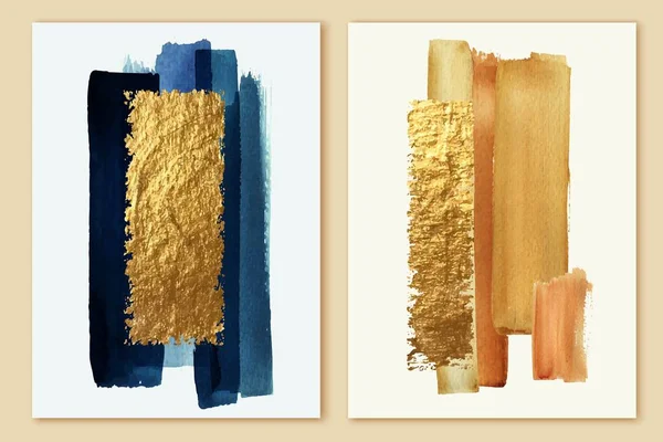 Abstract Gold Wall Art Diptych Golden Shiny Beige Ivory Blue — Stock Vector
