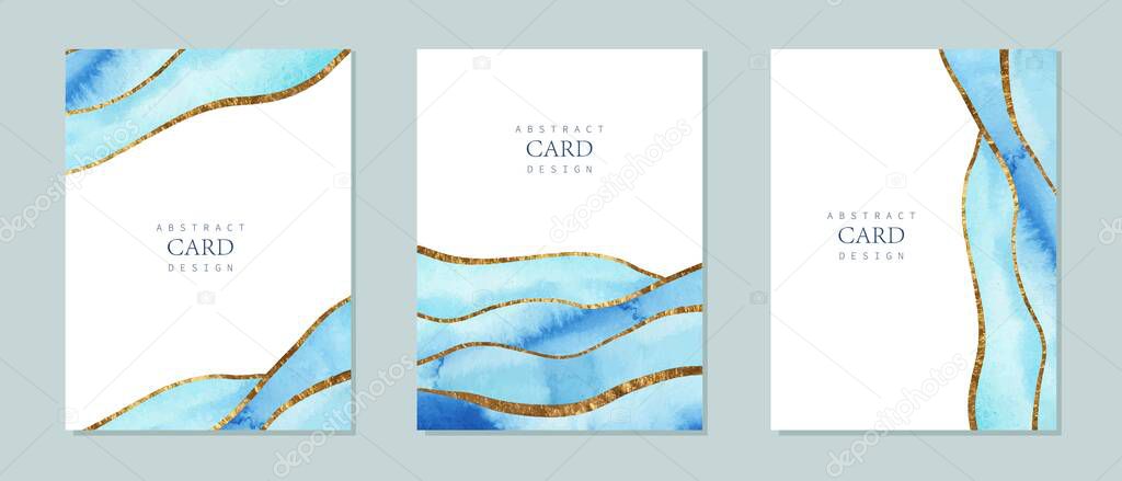 Set of vertical backgrounds. Blue, turquoise watercolor fluid painting vector design. Dusty pastel, neutral and golden marble. Dye elegant soft splash style. Alcohol ink imitation.