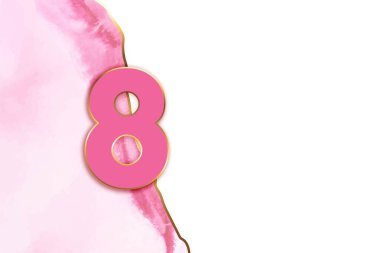 8 Mart tebrik kartı, web sitesi afişi, mağaza satışı, kupon şablonu. Altın çizgili pembe suluboya arkaplan.