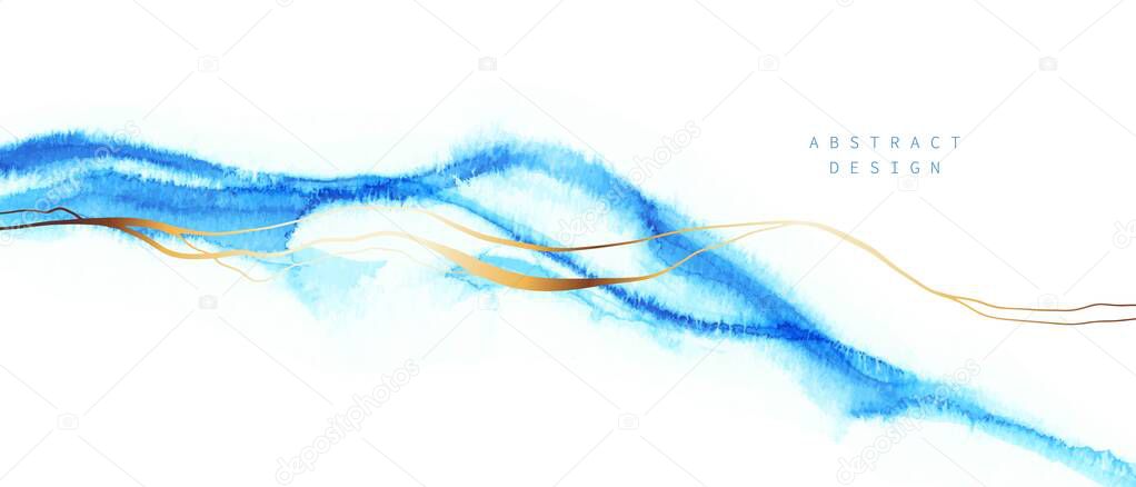 Watercolor horizontal background. Blue, turquoise watercolor fluid painting with golden lines.