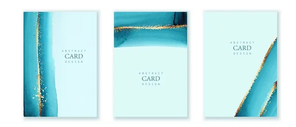 Verticale achtergronden. Blauwe, turquoise aquarel penseelstreken. Gouden lijnen, spetters. Chique, elegant design — Stockvector