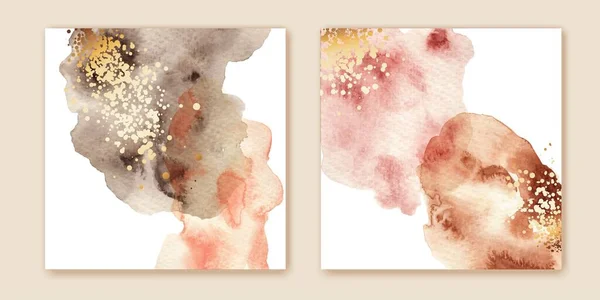 Beige Brown Pink Watercolor Fluid Painting Vector Background Golden Dots — Stockvektor