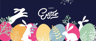 Paskalya bayrağınız kutlu olsun. Soyut şekilli renkli tasarım, tavşanlar, yumurtalar, sıçramalar, botanikler.