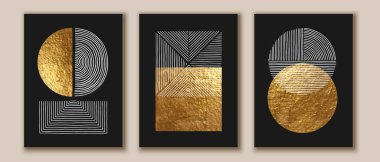Soyut minimalist duvar kompozisyonu bej, gri, beyaz, siyah renkler. Basit bir çizgi tarzı. Altın geometrik