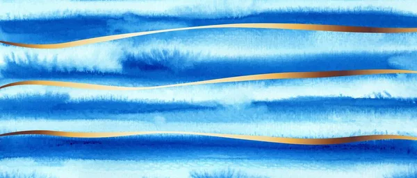 Blauer Aquarell-Hintergrund mit goldenen Streifen. Künstlerische helle Kulisse, Tapete. — Stockvektor