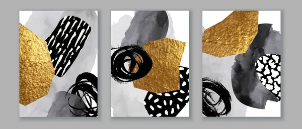 Elegante tríptico abstracto de arte de pared acuarela. Composición en negro, blanco, gris, dorado. Diseño moderno para imprimir, tarjeta — Vector de stock