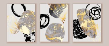 Elegant abstract watercolor wall art triptych. Composition in black, white, grey, gold. Modern design for print, card clipart