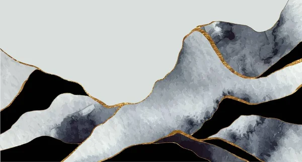 Horizontaler künstlerischer Hintergrund. Grau, schwarz, goldene Textur abstrakte Landschaft, Berge. Marmorimitat. — Stockvektor