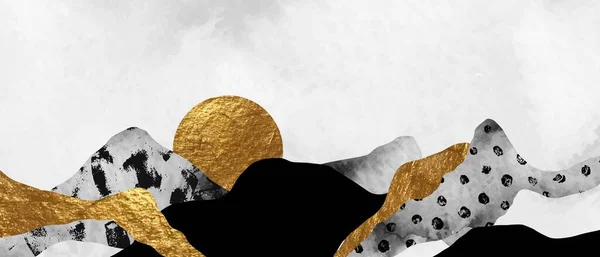 Arte abstrata vetorial com diferentes texturas grunge ang ouro. Formas de aquarela, montanhas, colinas, sol. —  Vetores de Stock