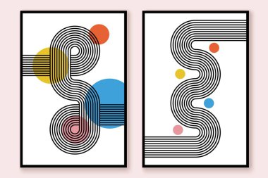 Abstract minimalist wall art composition in white, black, pink, yellow, blue, red colors. Simple line style. Set of modern creative posters.