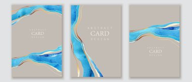 Watercolor background with blue waves, golden lines. Sky, clouds, water, abstract sea. Set of business, gift cards covers
