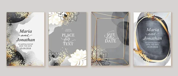 Set of elegant, chic cards with grey watercolor textures, abstract forms, golden line frames, splatters. — Stockvektor