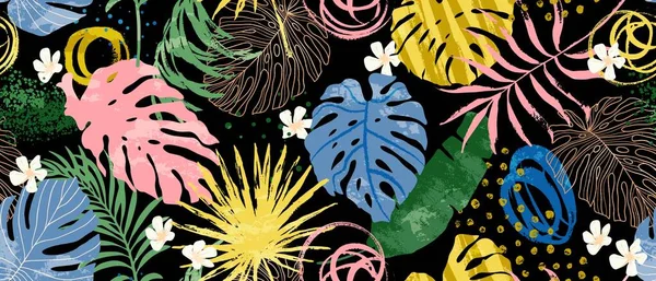 Seamless pattern with colorful exotic leaves. Abstract forms, textures, monstera, palm leaves. —  Vetores de Stock