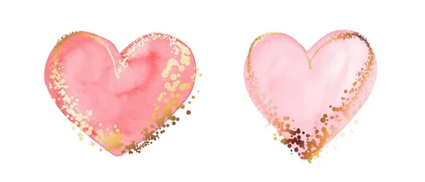 Two pink hearts. Watercolor hand painted symbol of love. Golden lines, splatters. — Image vectorielle