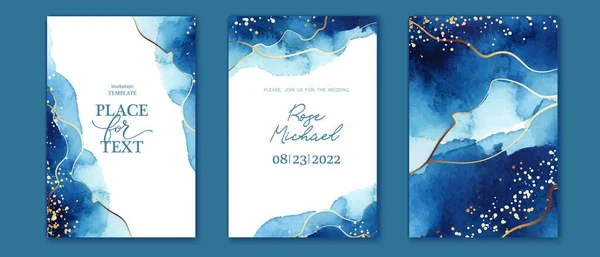 Set of elegant, romantic wedding cards, covers, invitations with shades of blue. Golden lines, splatters. — Wektor stockowy