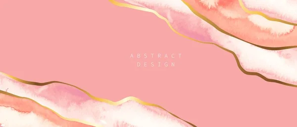 Beige, pink watercolor vector background. Golden lines, waves. Abstract watercolor washes, forms. — Stockvektor