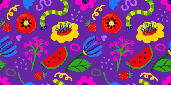 Seamless pattern with flowers, plants, leaves, watermelon. Summer cute cut out style design. — Stock Vector