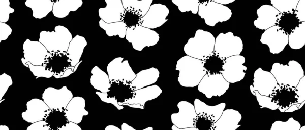 Patrón sin costuras con flores de rosa mosqueta. Diseño sin fin para papel pintado, impresión de tela. Colores blanco y negro. — Archivo Imágenes Vectoriales