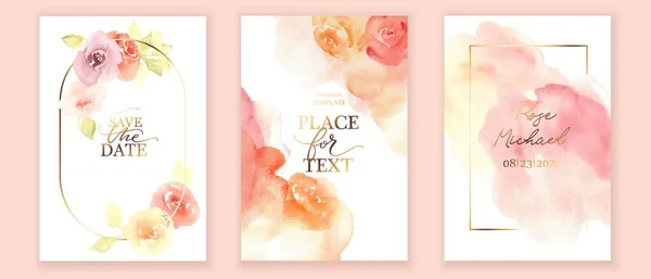 Set van elegante kaarten in roze, gele, witte, beige gouden kleuren. Aquarelvlekken, rozen, bloemen, gouden lijnen, spetters. — Stockvector