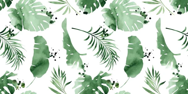 Modern Exotic Seamless Pattern Green Watercolor Tropical Leaves Palm Foliage — Stock Vector