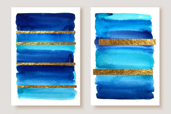 Abstract Gold Wall Art Diptych Golden Shiny Blue Shades Stripes — Stock Vector