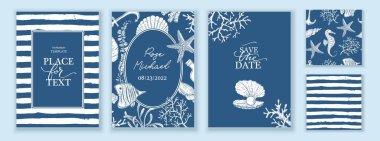 Set of sea style cards and seamless patterns. Underwater creatures, starfish, sea horse, coral, fish. Marine, nautical endless wallpaper, background. Endless stripes. Hand drawn style.