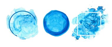 Set of frames with watercolor backgrounds. Blue splatters, hand painted textures.