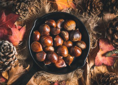Sonbahar yaprakları ve kozalaklarla dolu küçük bir masada çiğ kestane. Kızartıp yemeye hazır. Geleneksel sonbahar yemekleri. 