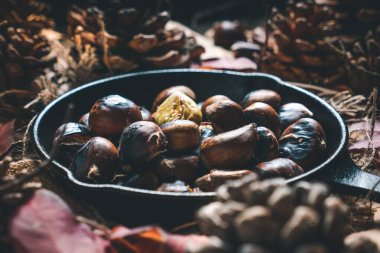 Sonbahar yaprakları ve kozalaklarla dolu bir masada küçük demir bir tavada kavrulmuş kestane. Yemek hazır. Geleneksel sonbahar yemekleri.