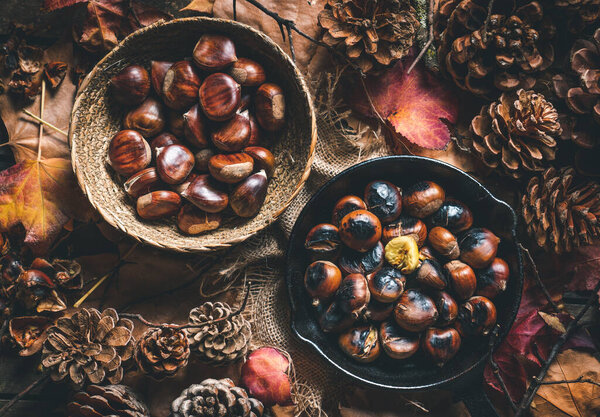 Raw and roasted chestnuts in a small iron pan and a bowl on a table with autumn leaves and pine cones. Ready to eat. Traditional autumn food.