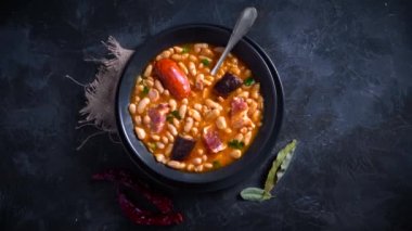 Geleneksel fasulye tarifi sucuklu ve kanlı sosis Fabada Asturiana adında karanlık bir masa üzerinde bazı malzemelerle birlikte. Tipik İspanyol yemekleri.. 