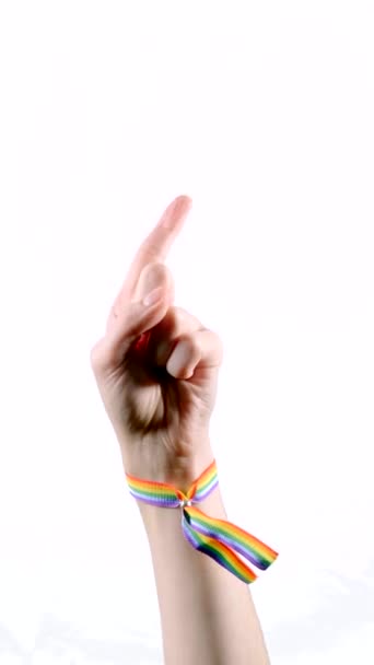 Hand Wearing Bracelet Colors Lgbt Flag Denying His Finger Saying — Stockvideo