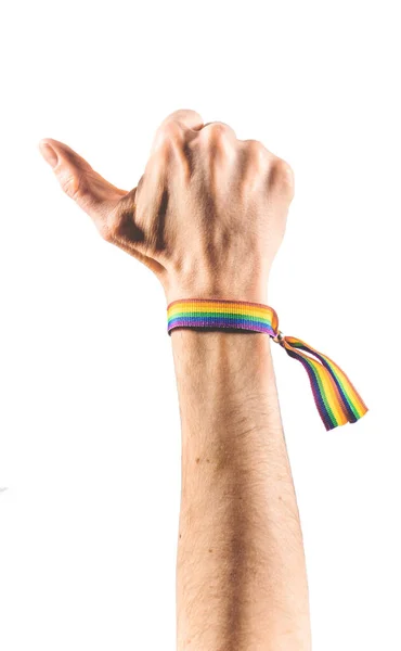 Hand Wearing Bracelet Colors Lgbt Flag Raising Thumb Lgbt Symbol — Stock Photo, Image